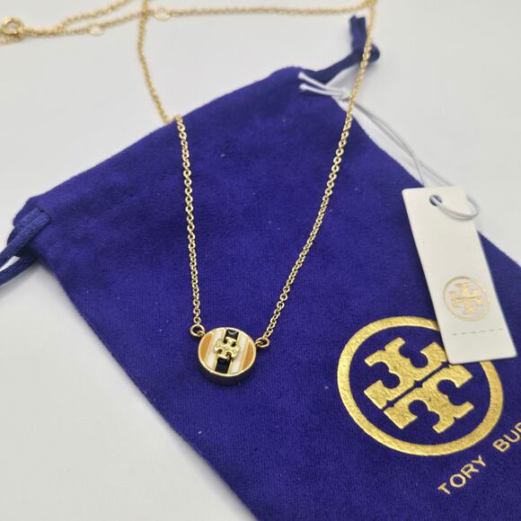 NEW Tory Burch Kira Brown Gold Enamel Pendant Necklace Striped Gift Casual Fall - Picture 2 of 5